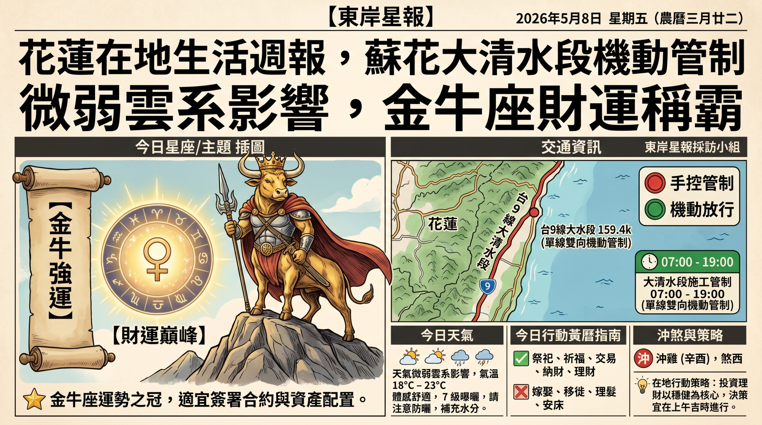 5/8 花蓮星象戰報：金牛座領銜財運，大清水段管制注意
