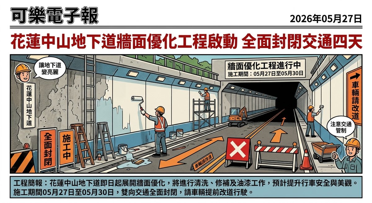 花蓮中山地下道牆面優化工程啟動 全面封閉交通四天