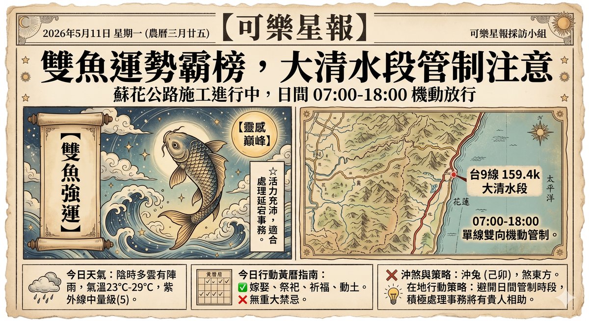 5/11 花蓮星象戰報：雙魚運勢霸榜，大清水段管制注意