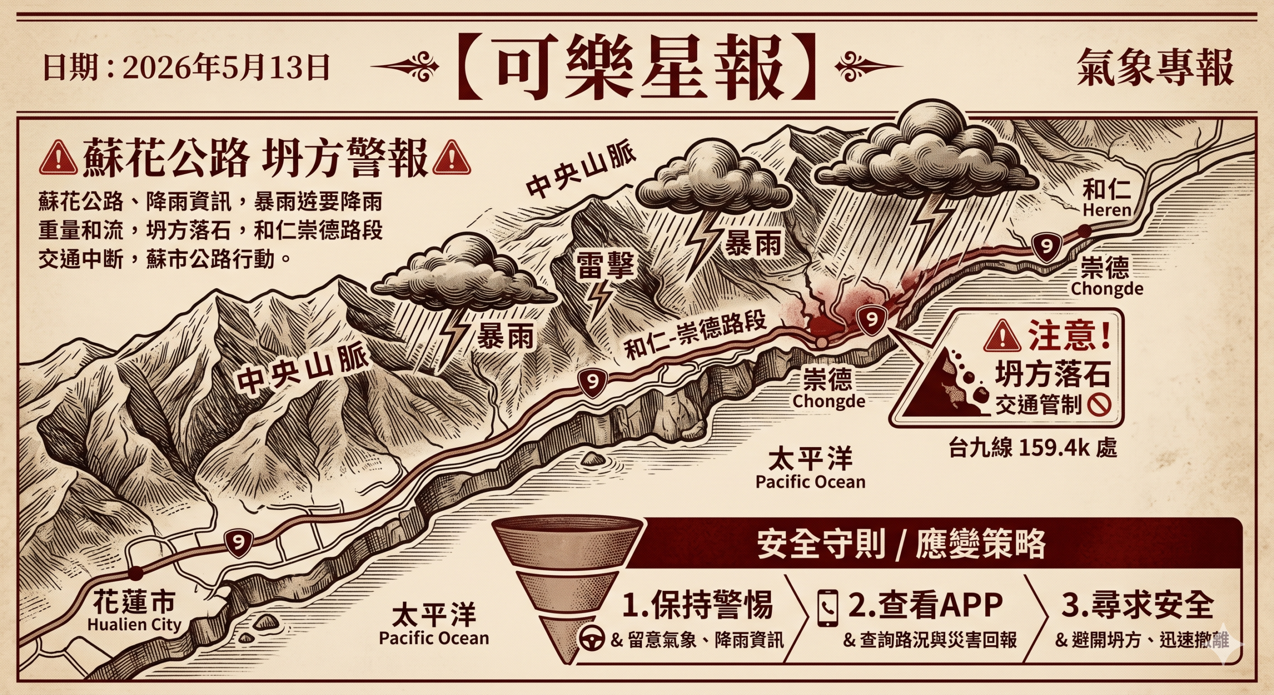 5/13 可樂星報：華南雲雨帶壓境花蓮防強降雨，蘇花大清水段單線機動管制