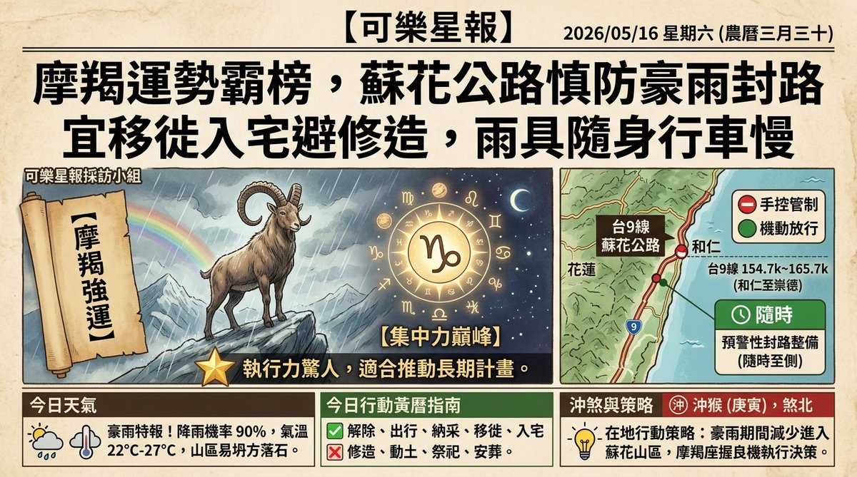 5/16 花蓮星象戰報：摩羯運勢稱霸，蘇花公路慎防豪雨預警封路