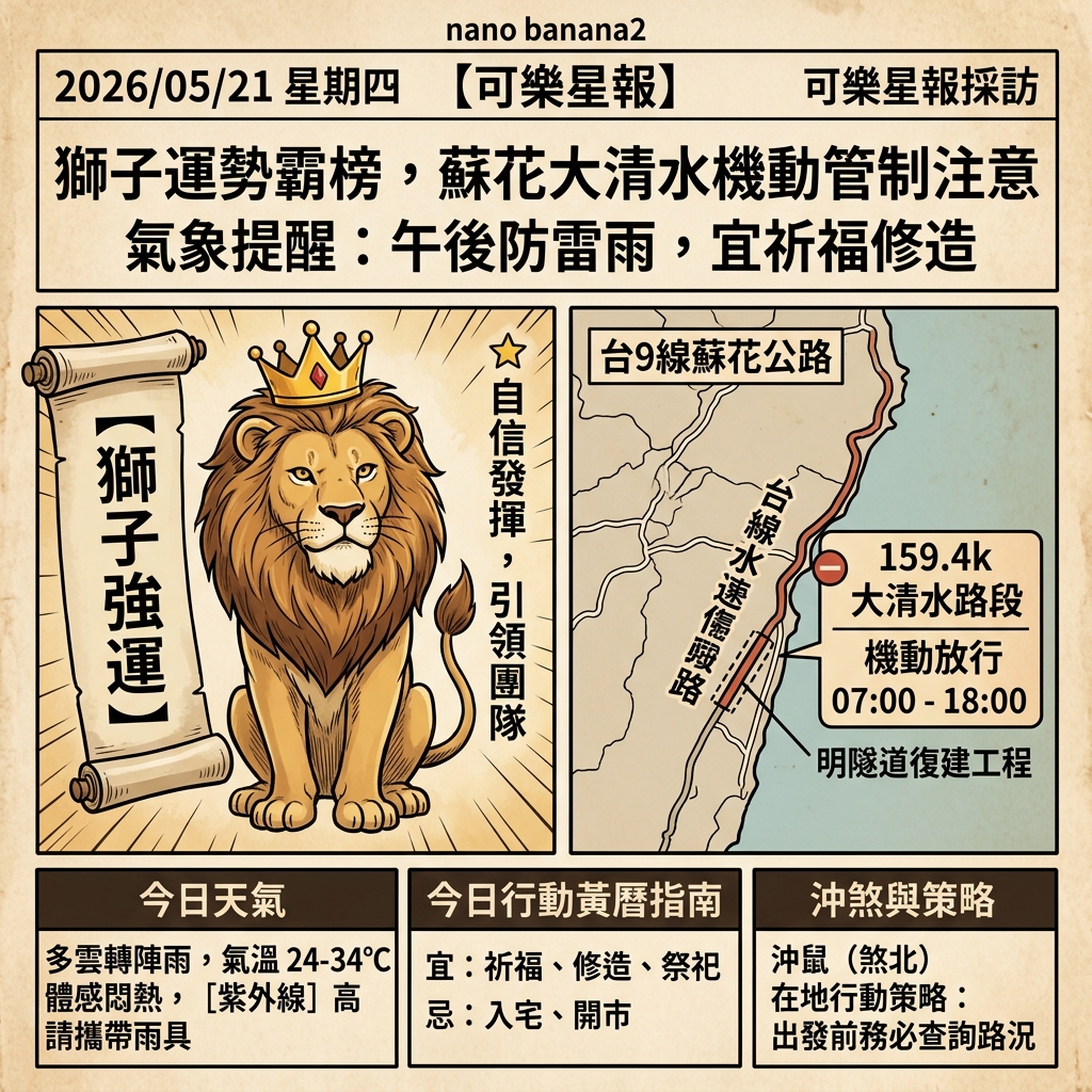 2026-05-21 花蓮星象戰報：獅子座領銜，蘇花大清水段機動管制注意