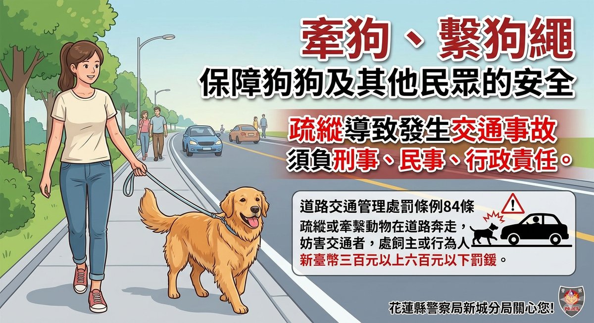 花蓮新城警分局強力宣導寵物繫繩,嚴防疏縱意外並重申飼主法律重責
